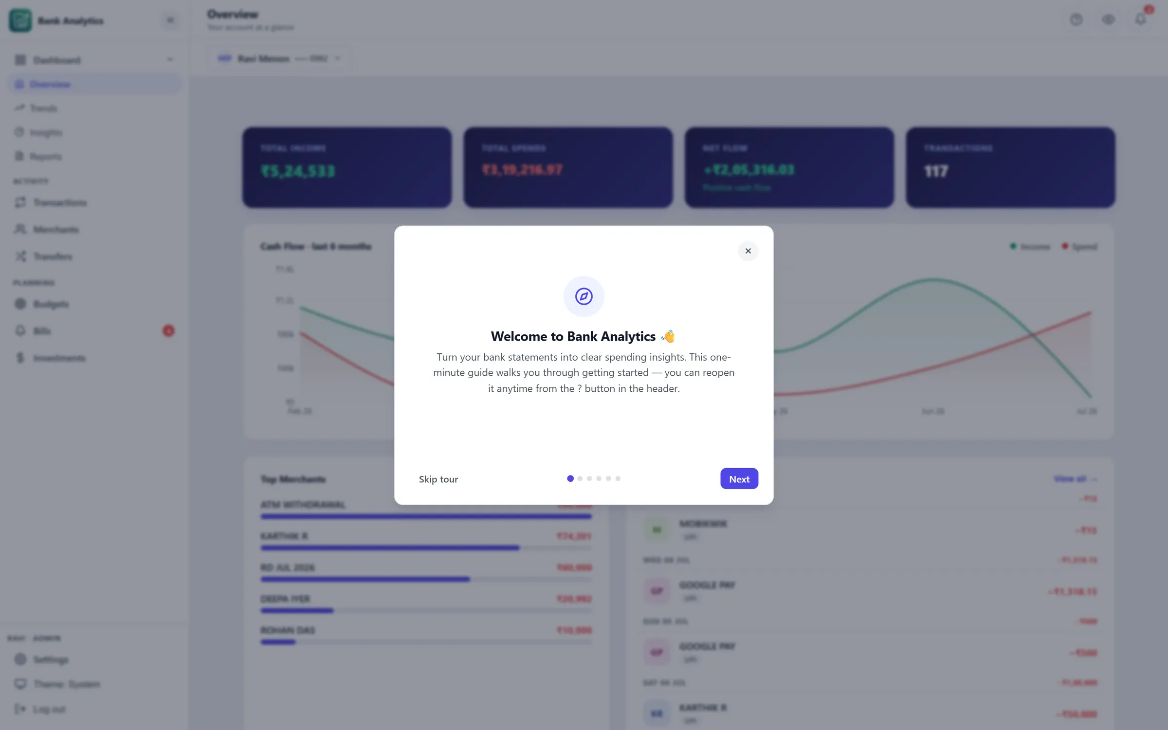 First-run guide screen of Bank Statement Analytics