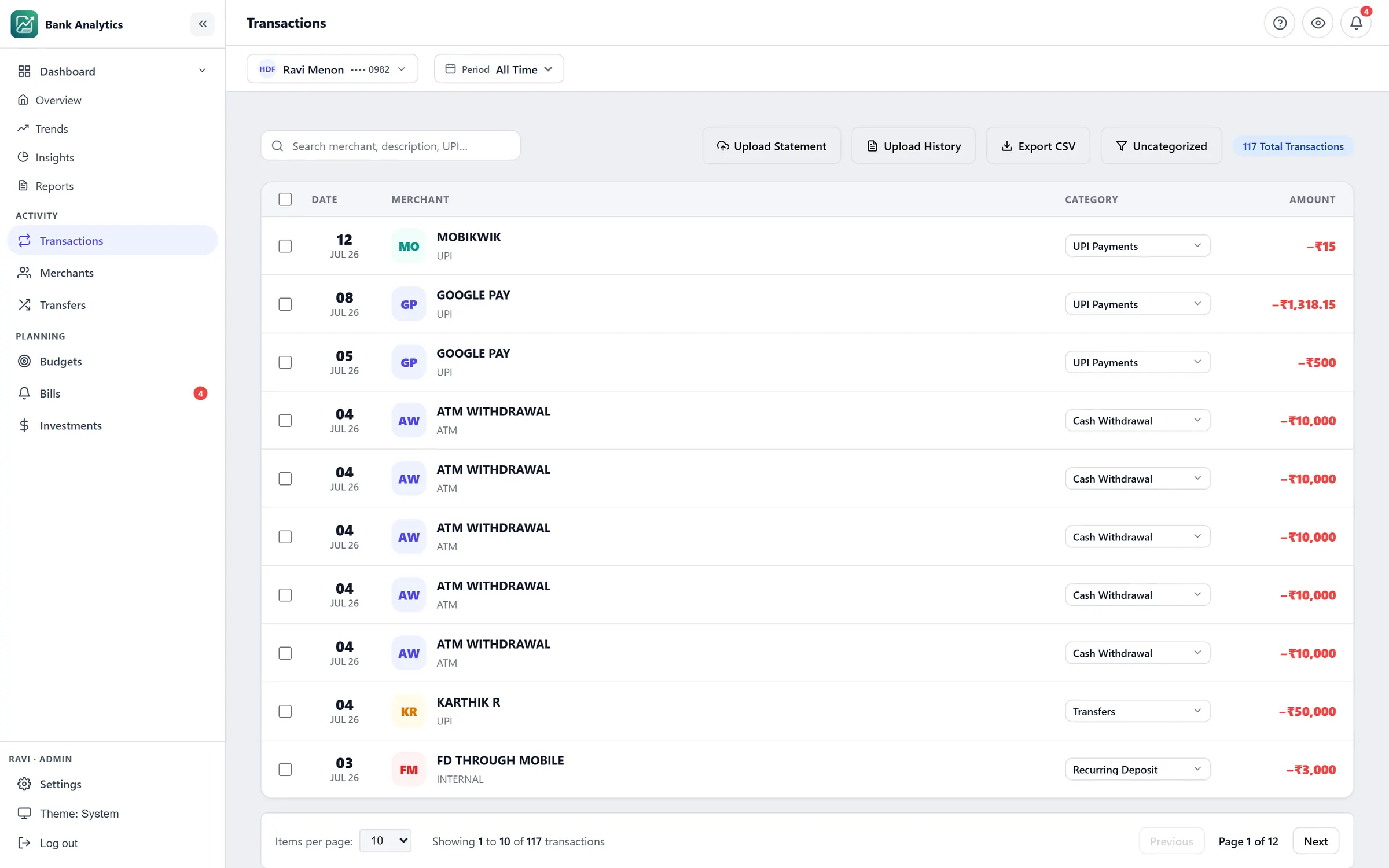 Transactions screen of Bank Statement Analytics