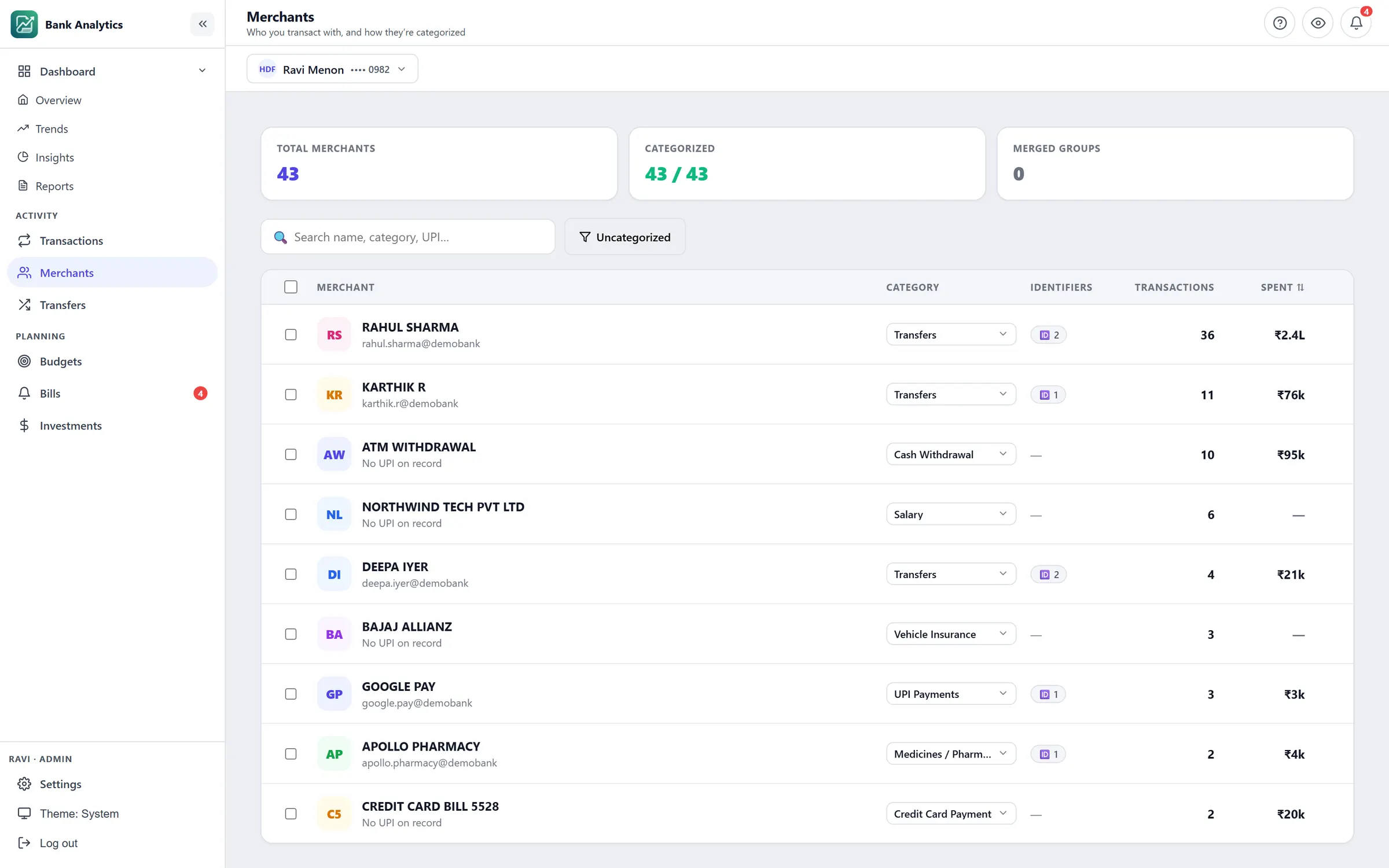 Merchants screen of Bank Statement Analytics