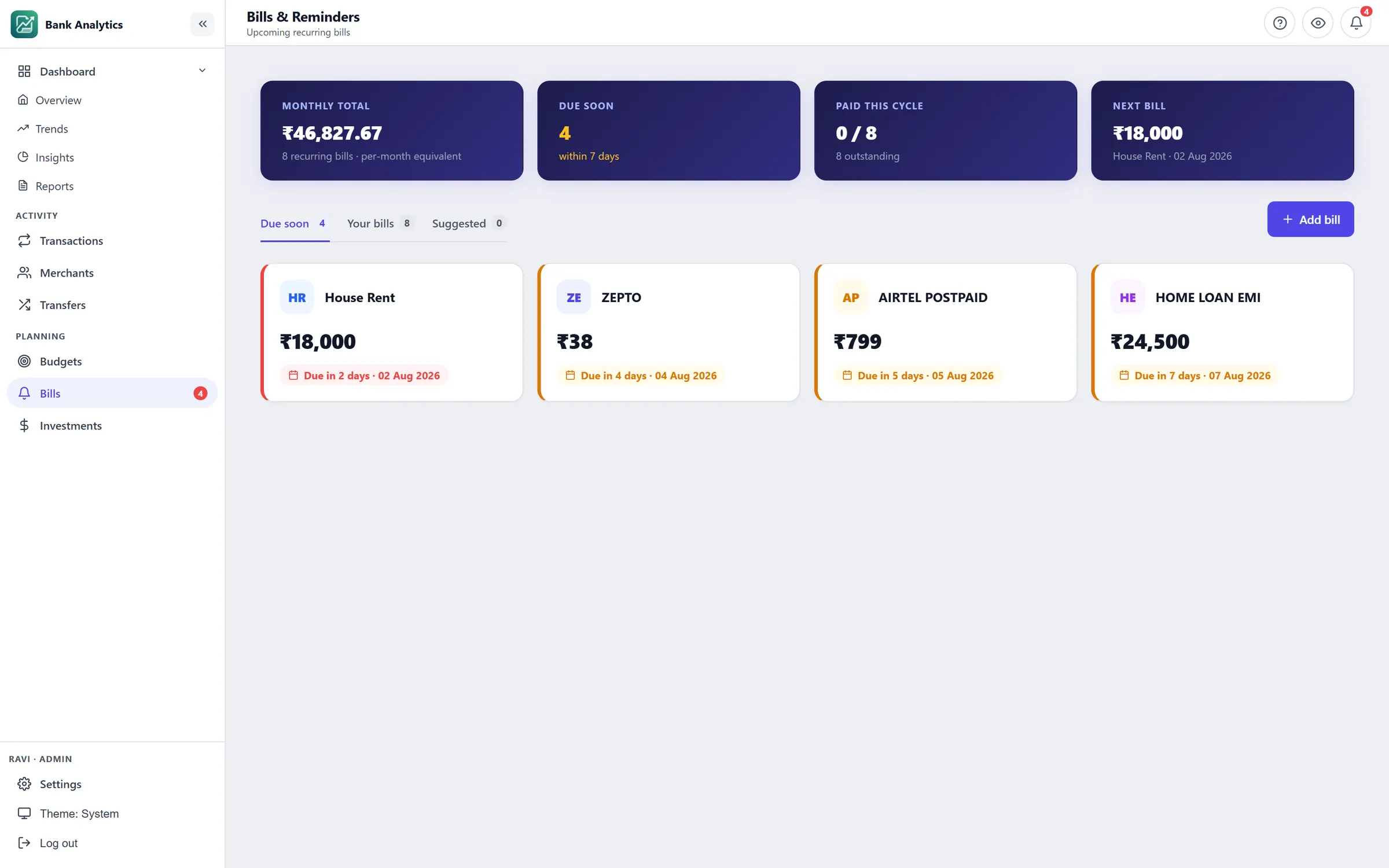 Bills & reminders screen of Bank Statement Analytics