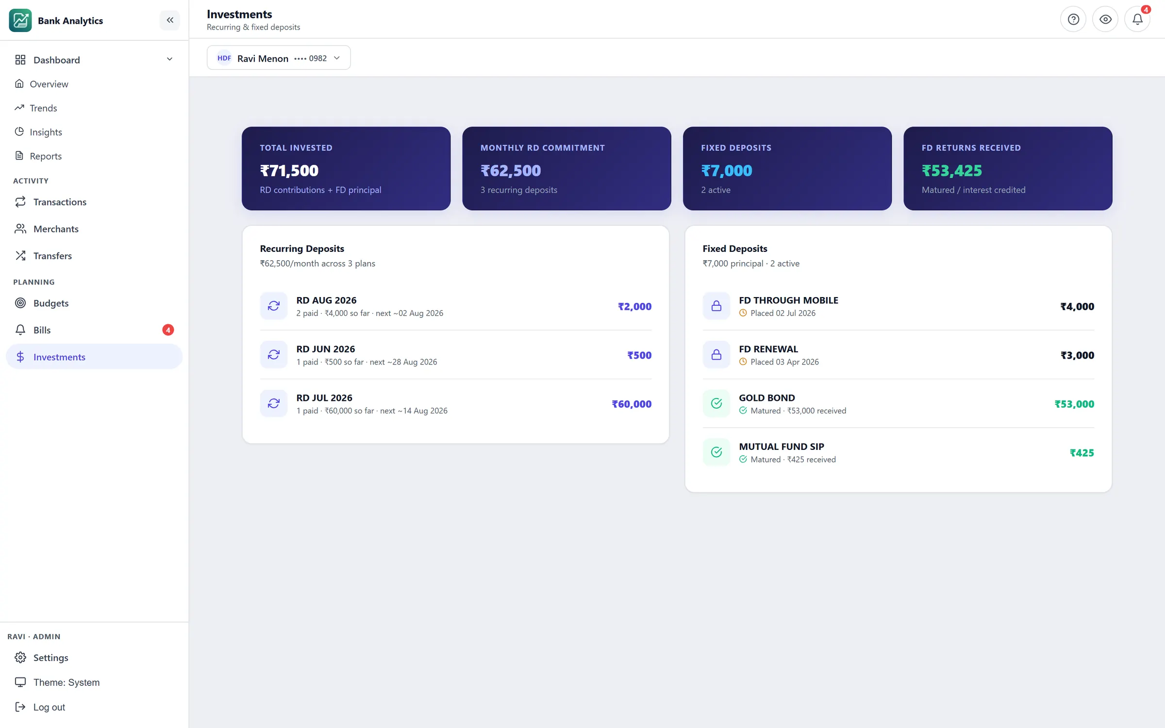 Investments screen of Bank Statement Analytics