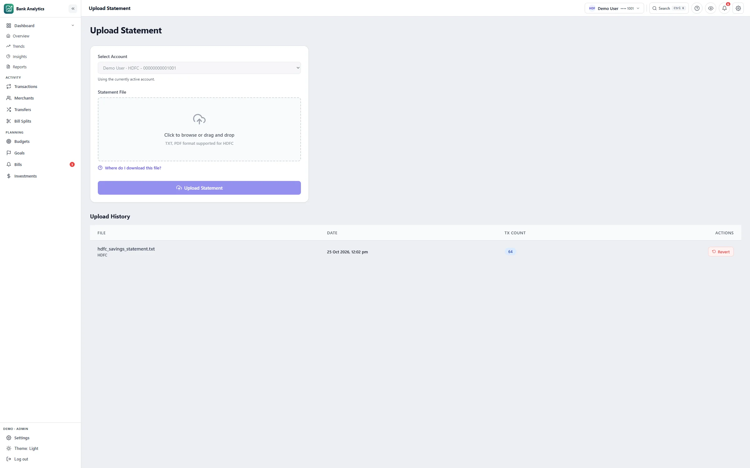Upload a statement screen of Bank Statement Analytics