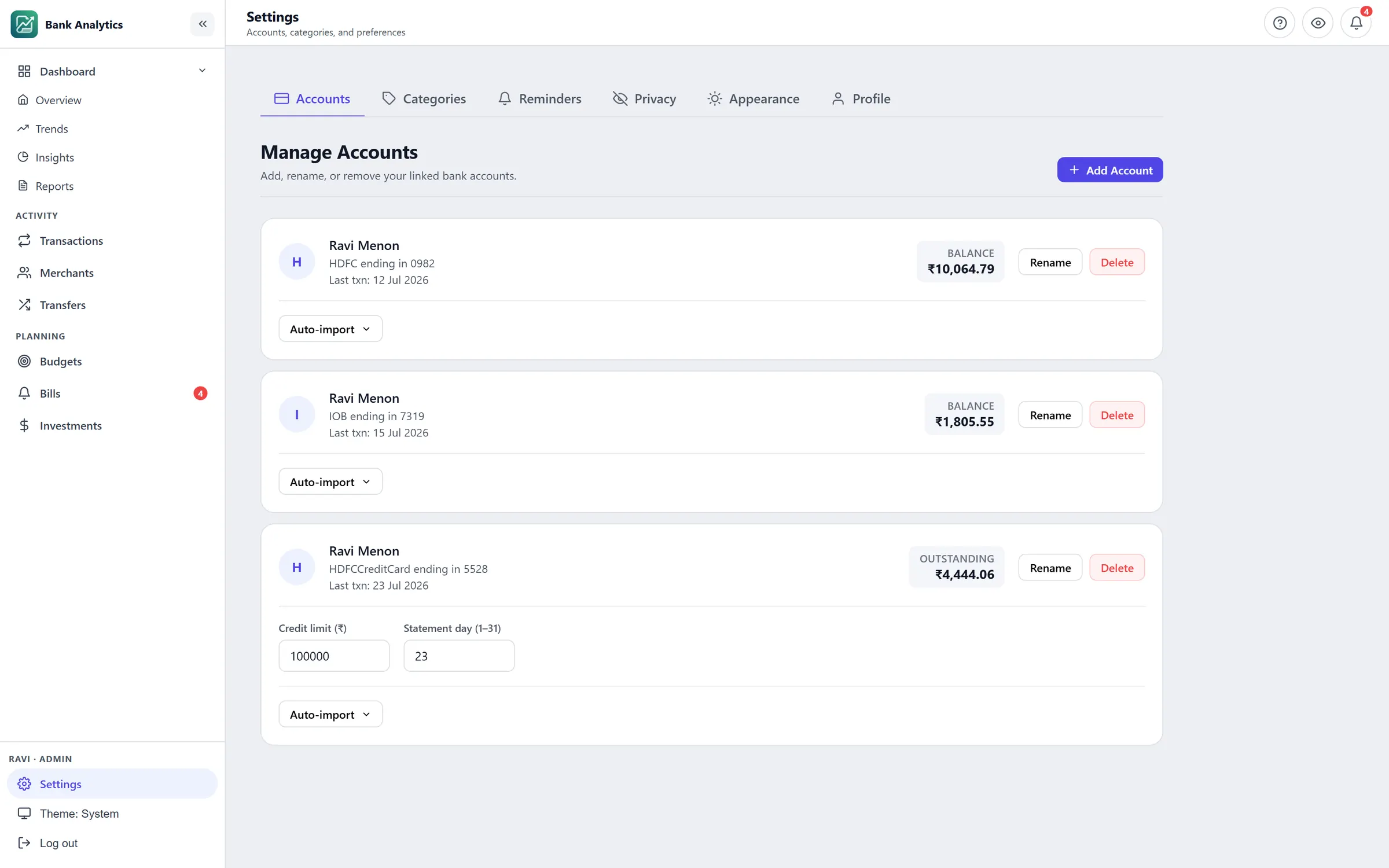 Settings screen of Bank Statement Analytics